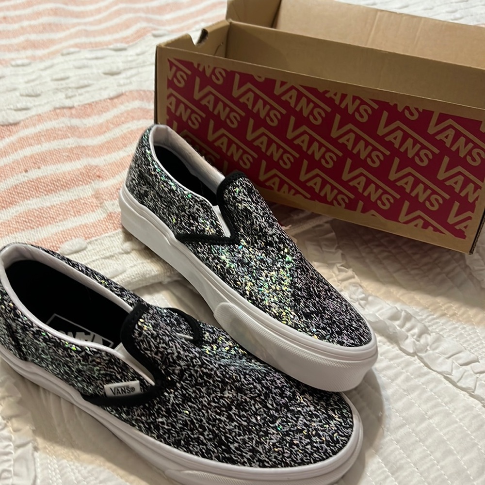 Vans Women’s Shoes Classic Slip-On Size 6.5 Black White (Shiny Party)